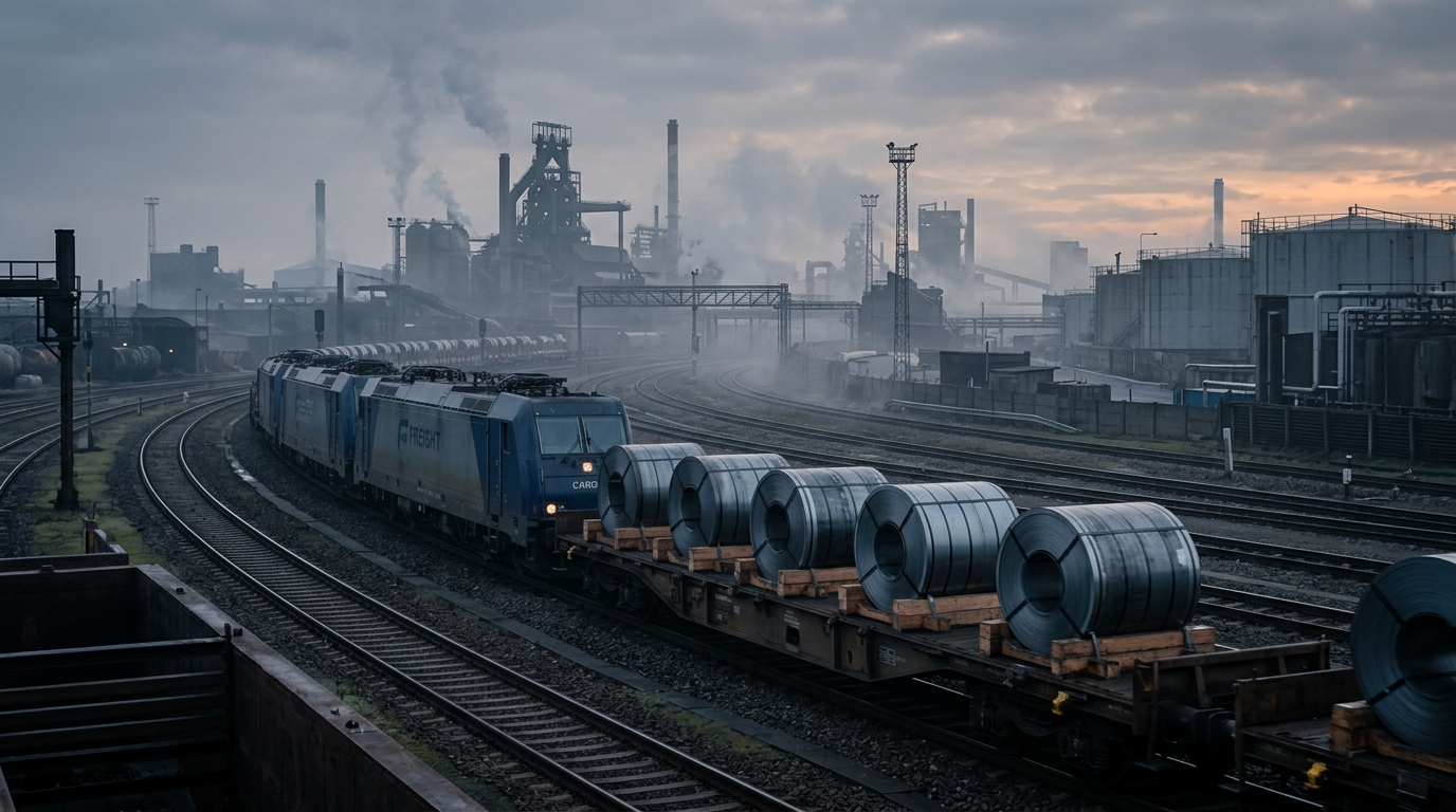 Industrial freight train on rail tracks at dawn