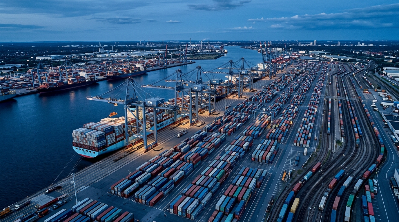 Industrial port with containers and cargo ships