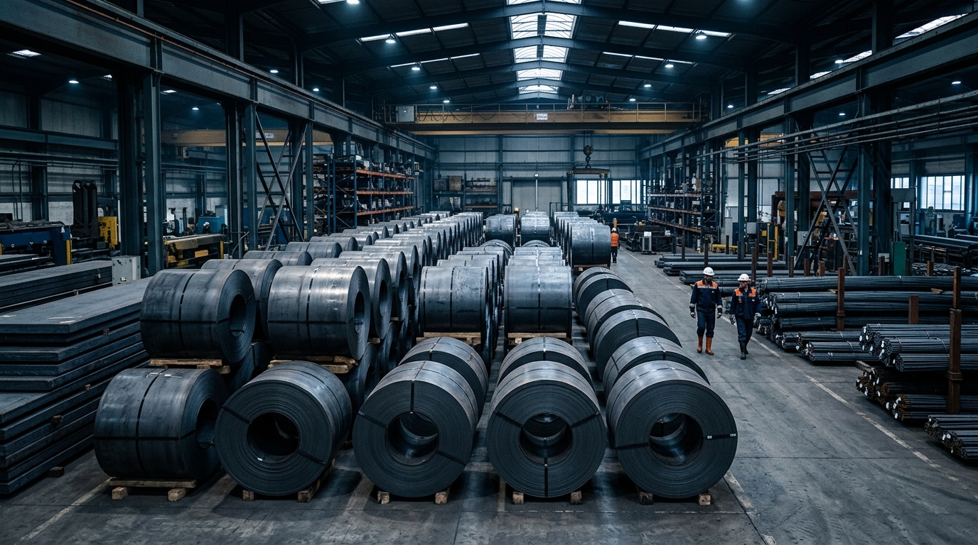 Steel coils and industrial materials in a warehouse